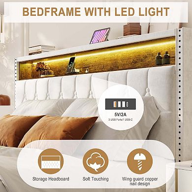 Upholstered Bed Frame with LED Lights and Charging Station,Platform Bed with Shelf Headboard