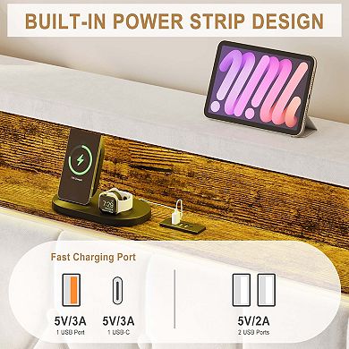 Upholstered Bed Frame with LED Lights and Charging Station,Platform Bed with Shelf Headboard