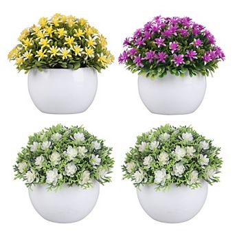 4 pc Colorful Artificial Potted Plants Mini Faux Greenery in Small White Pots for Home Decor