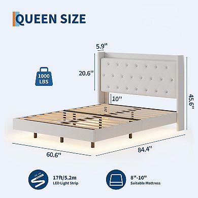 Wood Floating Bed Frame with Storage and LED Lights, Velvet Upholstered Headboard with Wingback