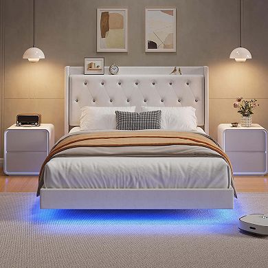 Wood Floating Bed Frame with Storage and LED Lights, Velvet Upholstered Headboard with Wingback