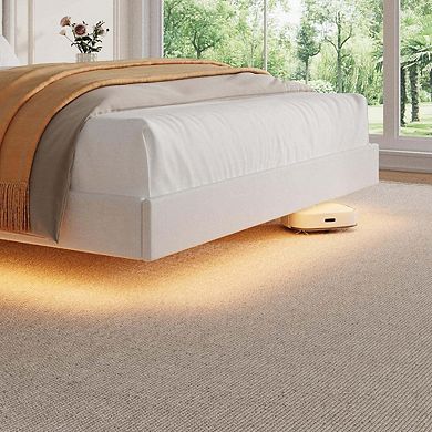 Wood Floating Bed Frame with Storage and LED Lights, Velvet Upholstered Headboard with Wingback