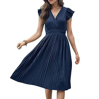 Women's Elegant V-Neck Flared Short Sleeves Cinch Waist Flowy A-Line Dress
