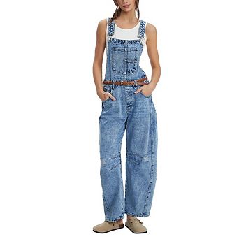 Women's Denim Overall Casual Straight Wide Leg Bib Jeans Adjustable Straps Stretch Denim Romper