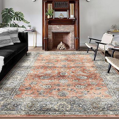 ANIXOL Vintage Floral Washable Area Rug Non-Slip Low Pile Carpet