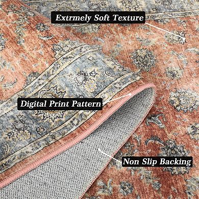 ANIXOL Vintage Floral Washable Area Rug Non-Slip Low Pile Carpet