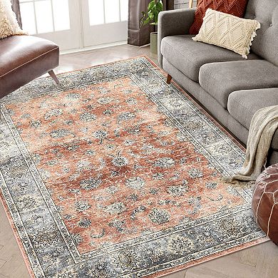 ANIXOL Vintage Floral Washable Area Rug Non-Slip Low Pile Carpet