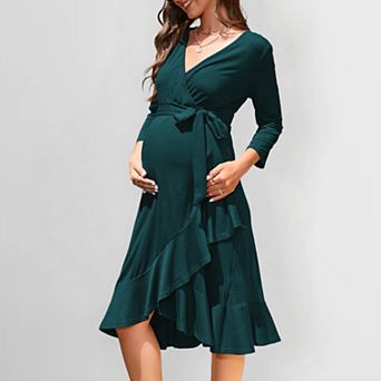 Women Maternity Long Dress with Ruffle Hem 3/4 Sleeve Flowy Maxi Dress Pregnancy Boho Casual Gown