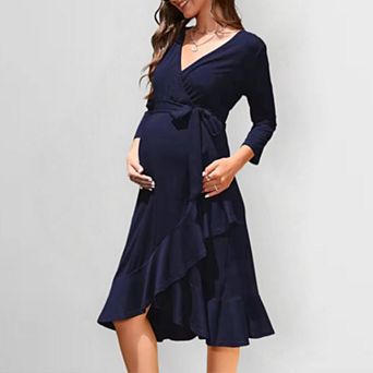 Women Maternity Long Dress with Ruffle Hem 3/4 Sleeve Flowy Maxi Dress Pregnancy Boho Casual Gown