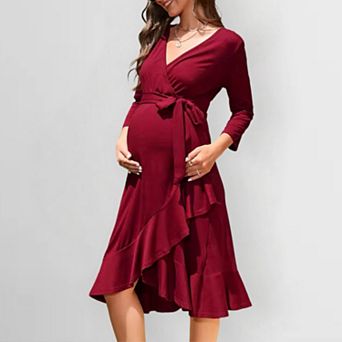 Women Maternity Long Dress with Ruffle Hem 3/4 Sleeve Flowy Maxi Dress Pregnancy Boho Casual Gown