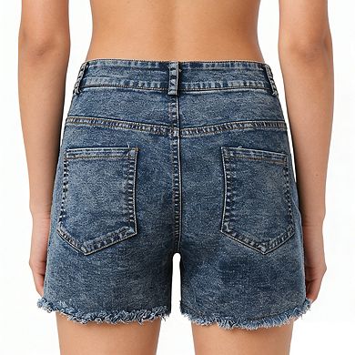 Women's High Waist Denim Shorts with Button Closure Frayed Hem Patch Pockets