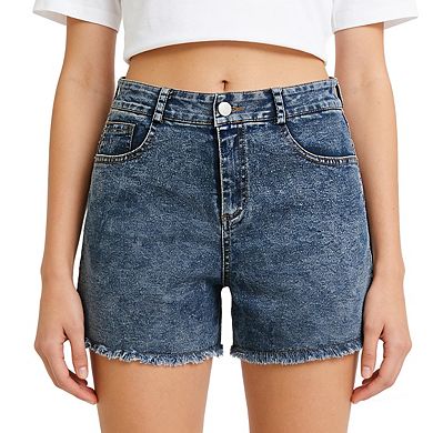 Women's High Waist Denim Shorts with Button Closure Frayed Hem Patch Pockets