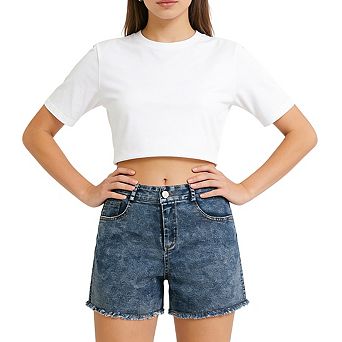 Women's High Waist Denim Shorts with Button Closure Frayed Hem Patch Pockets