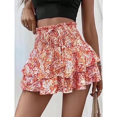 Women Ruffled High Waisted Boho A Line Lightweight Floral Skirts