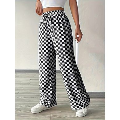 Women's Casual Checkered Elastic Waist Comfy Loose Wide Leg Pants with Pockets