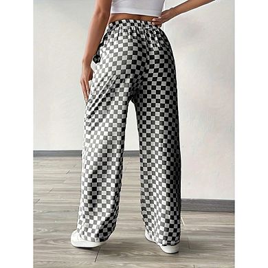 Women's Casual Checkered Elastic Waist Comfy Loose Wide Leg Pants with Pockets