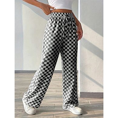 Women's Casual Checkered Elastic Waist Comfy Loose Wide Leg Pants with Pockets