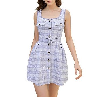 Women's Plaid Tweed Dress Sleeveless A Line Square Neck Elegant Work Mini Button Dress With Belt