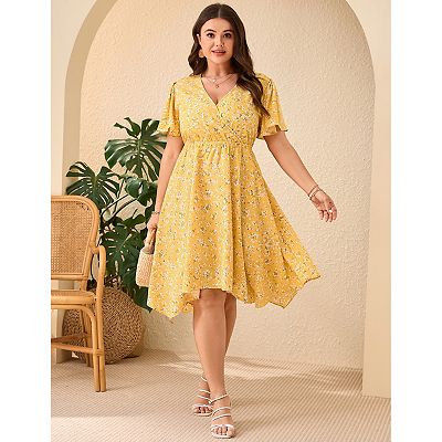 short sleeve plus size casual dresses SHEIN Plus Size Olive Green Dress Women Summer V-Neck Short Sleeve Button  Detail Pleated Front Midi Smart Casual Vacation Holiday Solid Casual Dress
