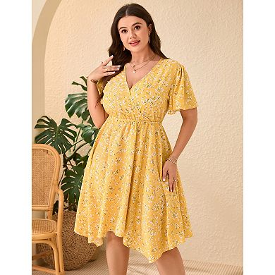 Women's Plus Size Casual Printed Dress V Neck Short Sleeve Sundress