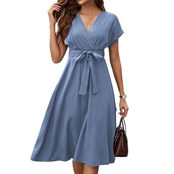 Women Dressy Causal Short Sleeve Dresses V Neck A Line Midi Dress Elegant Slim Fit Cocktail Dress