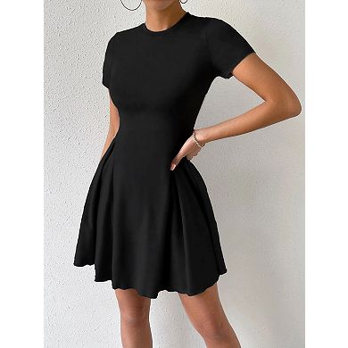 Women's Short Sleeve Waist-Cinching Solid Color Dress