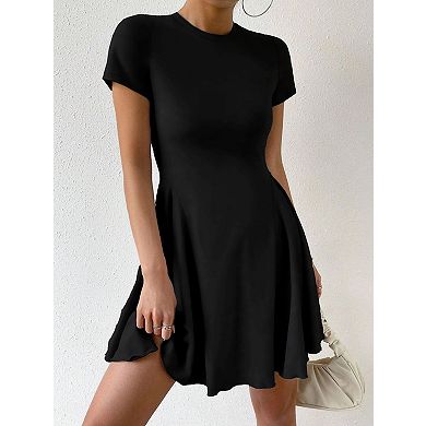 Women's Short Sleeve Waist-Cinching Solid Color Dress