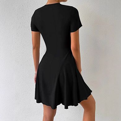 Women's Short Sleeve Waist-Cinching Solid Color Dress