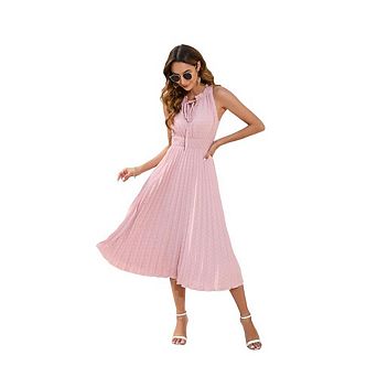 Women's Midi Summer Dresses Casual V Neck High Waist Ruffle Sleeveless A Line Beach Sundresses