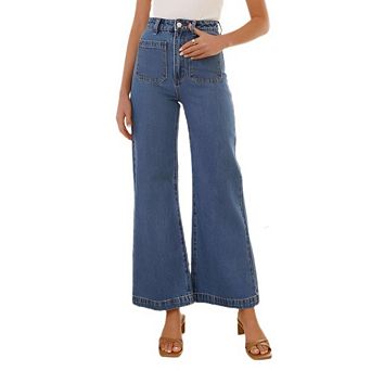 Women's High Waist Flare Jeans Casual Vintage Wash Loose Fit Pants with Pockets