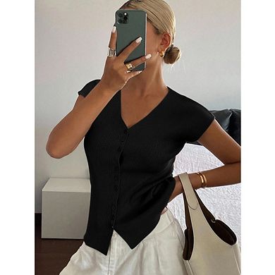 Women's Sleeveless Ribbed Knit Tank Top Button Front V Neck Summer Top Stretch Casual Sweater Vest