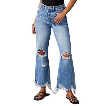 Women's Distressed Flare Jeans High Waist Casual Frayed Hem Ripped Knee Pants