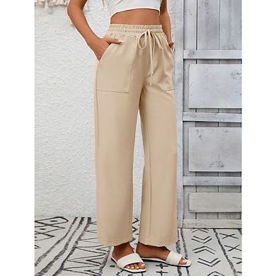 Women Drawstring Elastic High Waisted Palazzo Casual Wide Leg Pants with Pockets