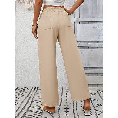 Women Drawstring Elastic High Waisted Palazzo Casual Wide Leg Pants with Pockets