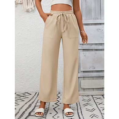 Women Drawstring Elastic High Waisted Palazzo Casual Wide Leg Pants with Pockets