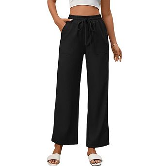 Women Drawstring Elastic High Waisted Palazzo Casual Wide Leg Pants with Pockets