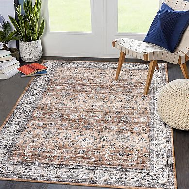 ANIXOL Vintage Floral Washable Area Rug Non-Slip Low Pile Carpet