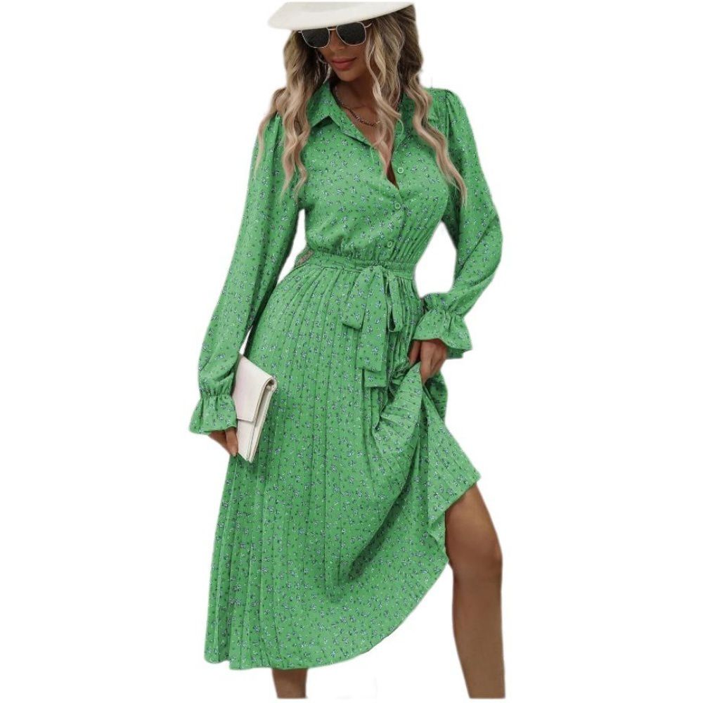 Женские платья Floral Casual Dressy Midi Dress Long Puff Sleeves Collared Neck Tie Waist Pleated Dresses