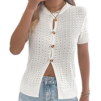 Women's Summer Hollow Out Button Short Sleeve Casual Loose Crew Neck Knitted Top Daily Versatile Top