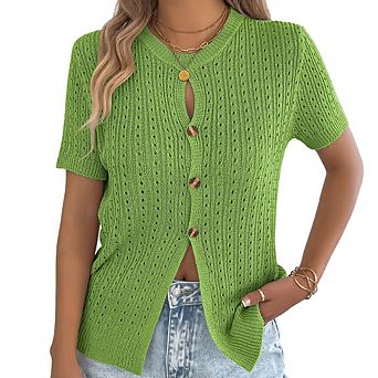 Women's Summer Hollow Out Button Short Sleeve Casual Loose Crew Neck Knitted Top Daily Versatile Top