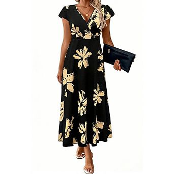 Women's Casual Dressy Floral Dress V Neck Cap Sleeves Wrap Front A Line Dresses