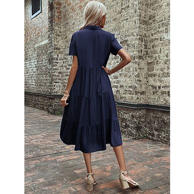 Women's Short Sleeve Lapel Midi Patchwork Midi Dress