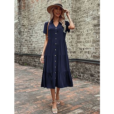 Women's Short Sleeve Lapel Midi Patchwork Midi Dress