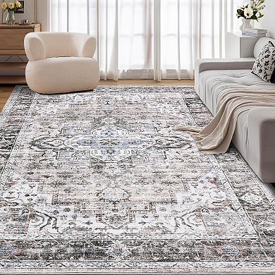 ANIXOL Washable Vintage Area Rug Non-Slip Low Pile Carpet