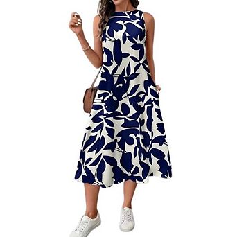 Women's Floral Midi Dress Sleeveless Crew Neck A Line for Casual Work Office Wear