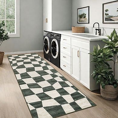ANIXOL Modern Checkered Washable Area Rug Non-Slip Low Pile Carpet