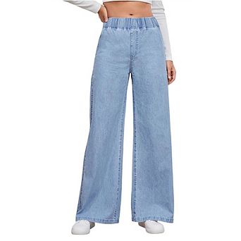 Women's Elastic Waist Wide Leg Jeans Wash Relaxed Fit for Casual Everyday Wear