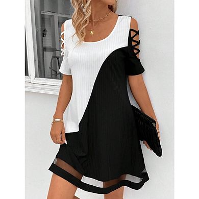 Women's Cold Shoulder Color Block Short Sleeve Casual Dresses