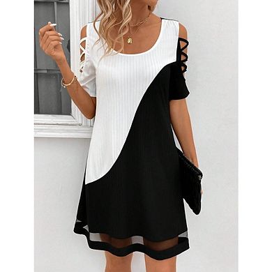 Women's Cold Shoulder Color Block Short Sleeve Casual Dresses