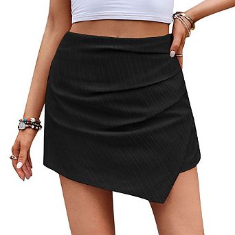 Women Irregular Length Short Skirt Textured Ruched Back Zipper Skort High Waist Casual A-line Short